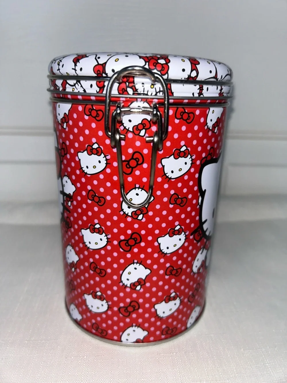 Hello Kitty Red and White Metal Storage Tin with Polkadot Graphic